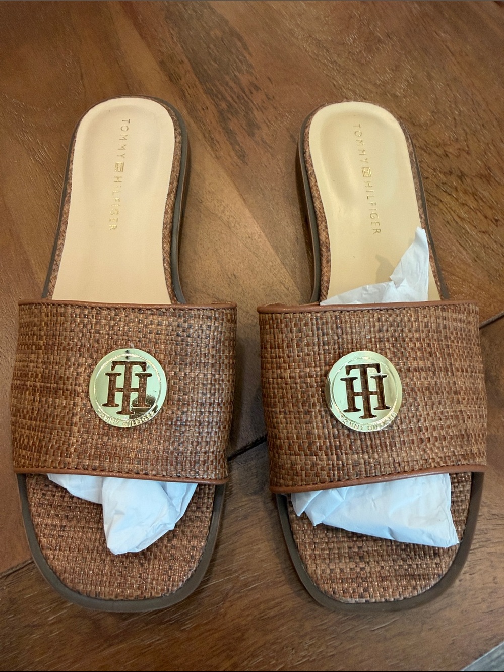 Tommy Hilfiger Brown Woven Slide Sandals with Gold Emblem